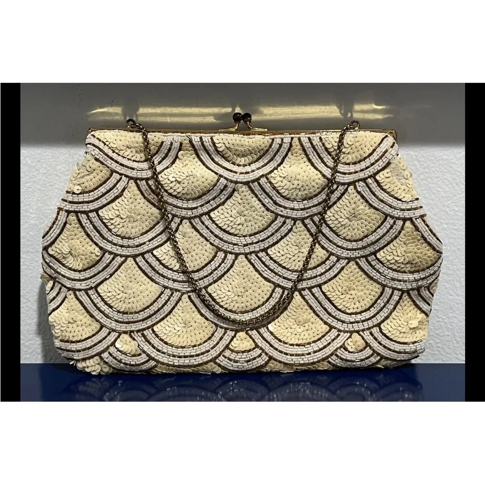 Bags By Josef Cream Jewel Bead Purse Evening Bag Clutch Vintage 50s 60s France